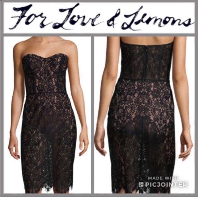 Nwt For Love & Lemons Black Strapless Lace Bustier Dress With Nude Bodysuit